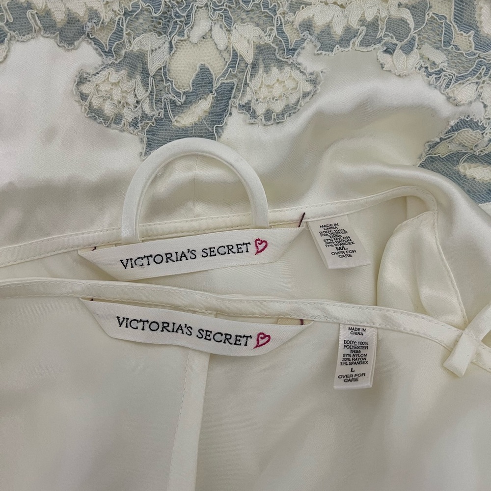 90’s Victoria’s Secret Silky Slip Dress Chemise Robe Set Bridal Set ivory blue L - Picture 11 of 11